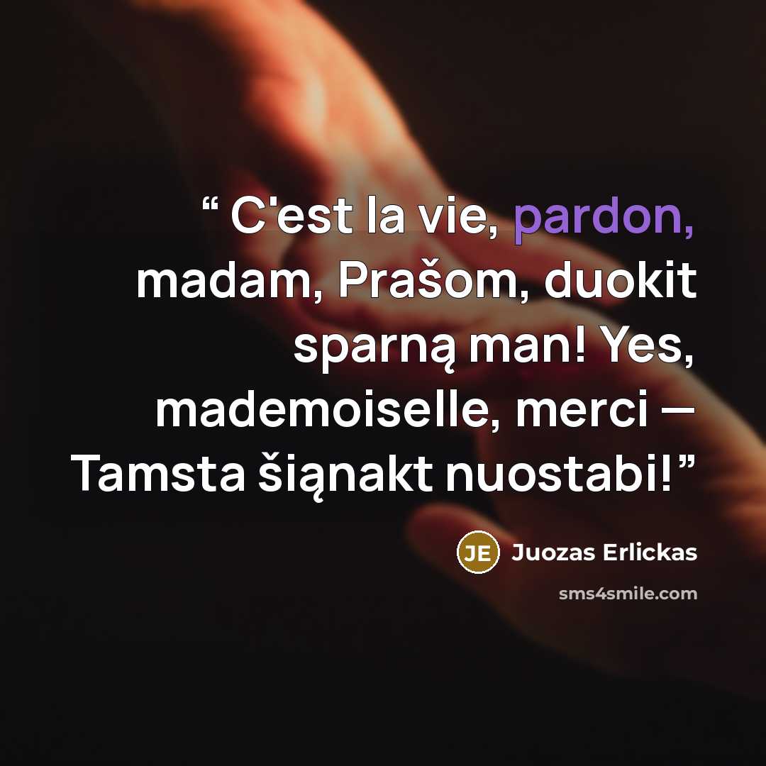 “C'est la vie, pardon, madam, Prašom, duokit sparną man! Yes, mademoiselle, merci — Tamsta šiąnakt nuostabi!” quote by Juozas Erlickas
