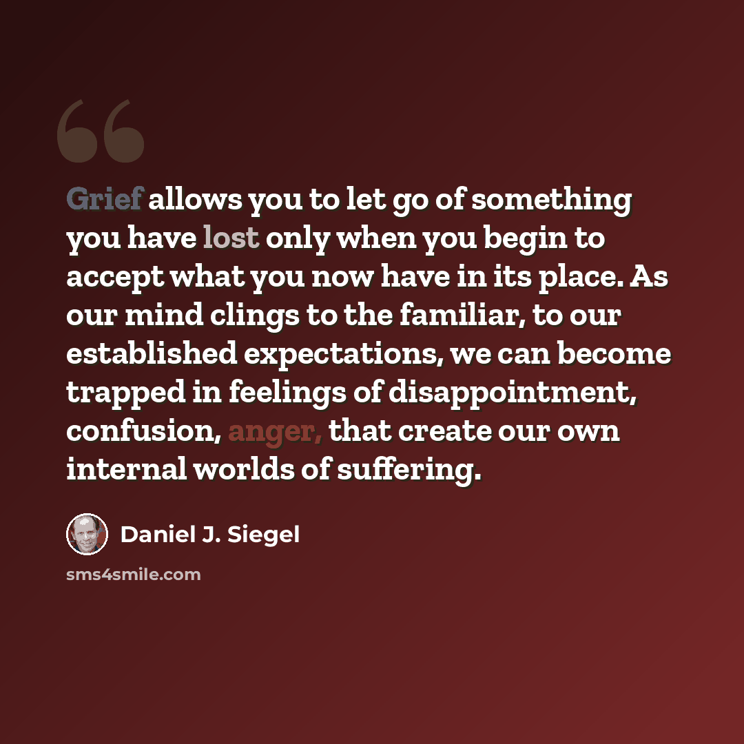 “Grief allows you to let go of something you have lost only when you begin to accept what you now have in its place. As our mind clings to the familiar, to our established expectations, we can become trapped in feelings of disappointment, confusion, anger, that create our own internal worlds of…” quote by Daniel J. Siegel