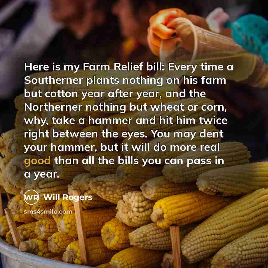 “Here is my Farm Relief bill: Every time a Southerner plants nothing on his farm but cotton year after year, and the Northerner nothing but wheat or corn, why, take a hammer and hit him twice right between the eyes. You may dent your hammer, but it will do more real good than all the bills you can…” quote by Will Rogers