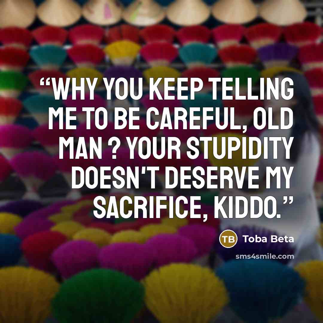 “Why you keep telling me to be careful, Old man ? Your stupidity doesn't deserve my sacrifice, Kiddo.” quote by Toba Beta