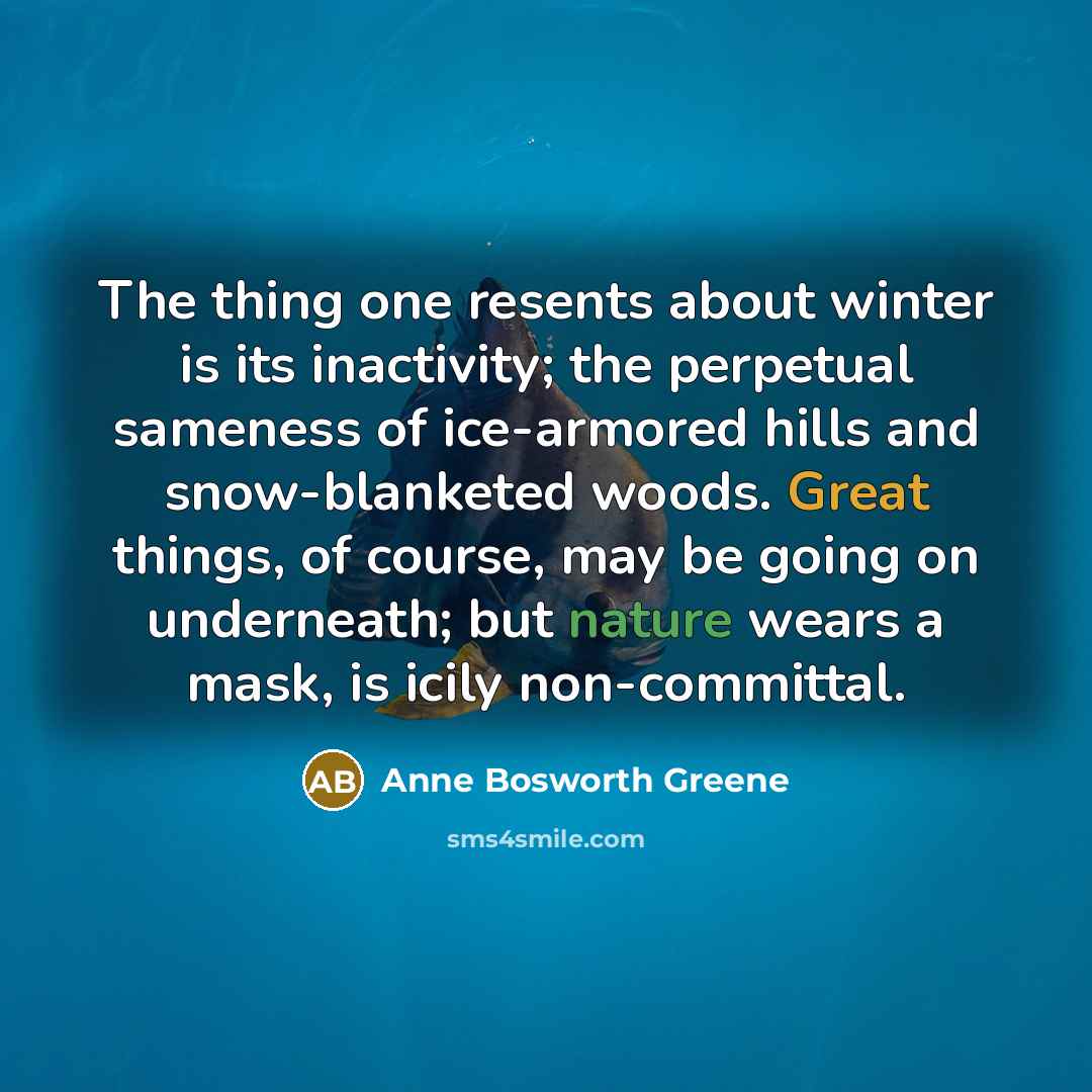 “The thing one resents about winter is its inactivity; the perpetual sameness of ice-armored hills and snow-blanketed woods. Great things, of course, may be going on underneath; but nature wears a mask, is icily non-committal.” quote by Anne Bosworth Greene
