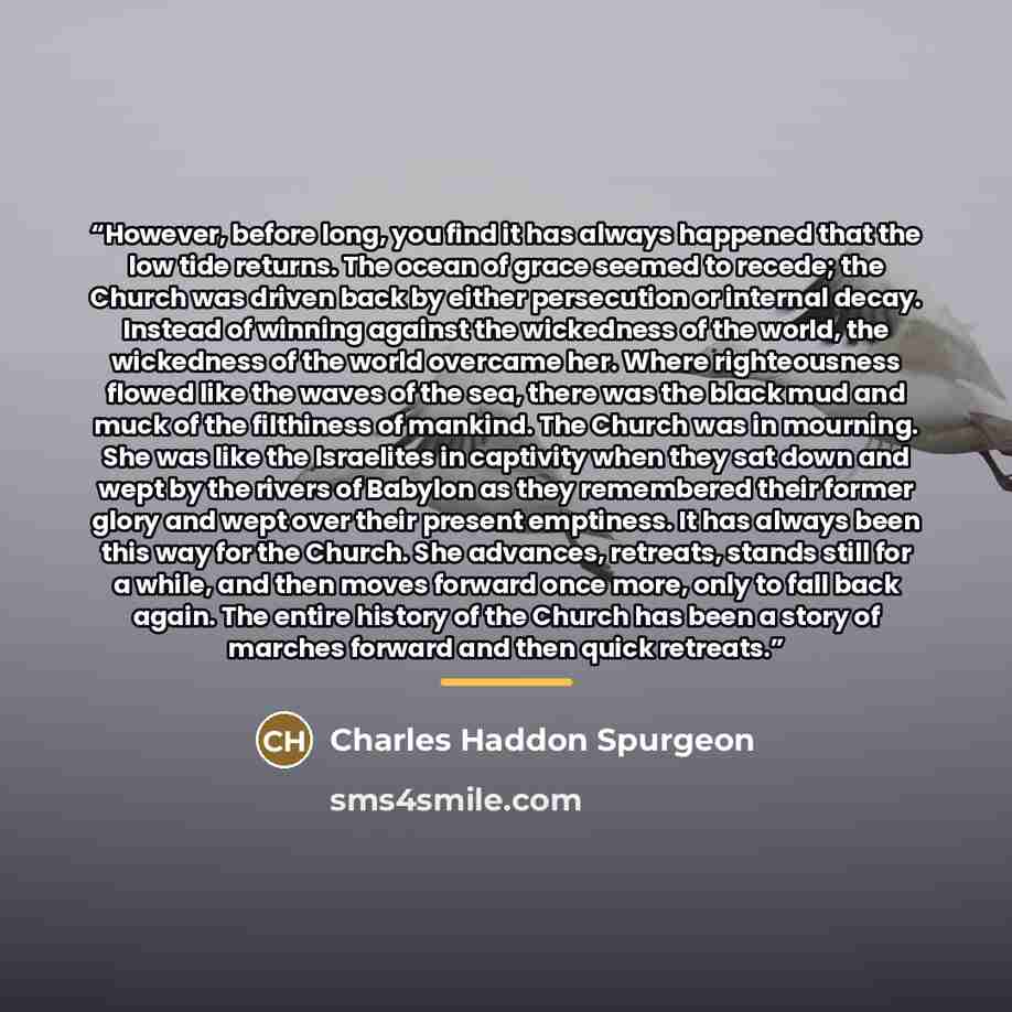 “However, before long, you find it has always happened that the low tide returns. The ocean of grace seemed to recede; the Church was driven back by either persecution or internal decay. Instead of winning against the wickedness of the world, the wickedness of the world overcame her. Where…” quote by Charles Haddon Spurgeon