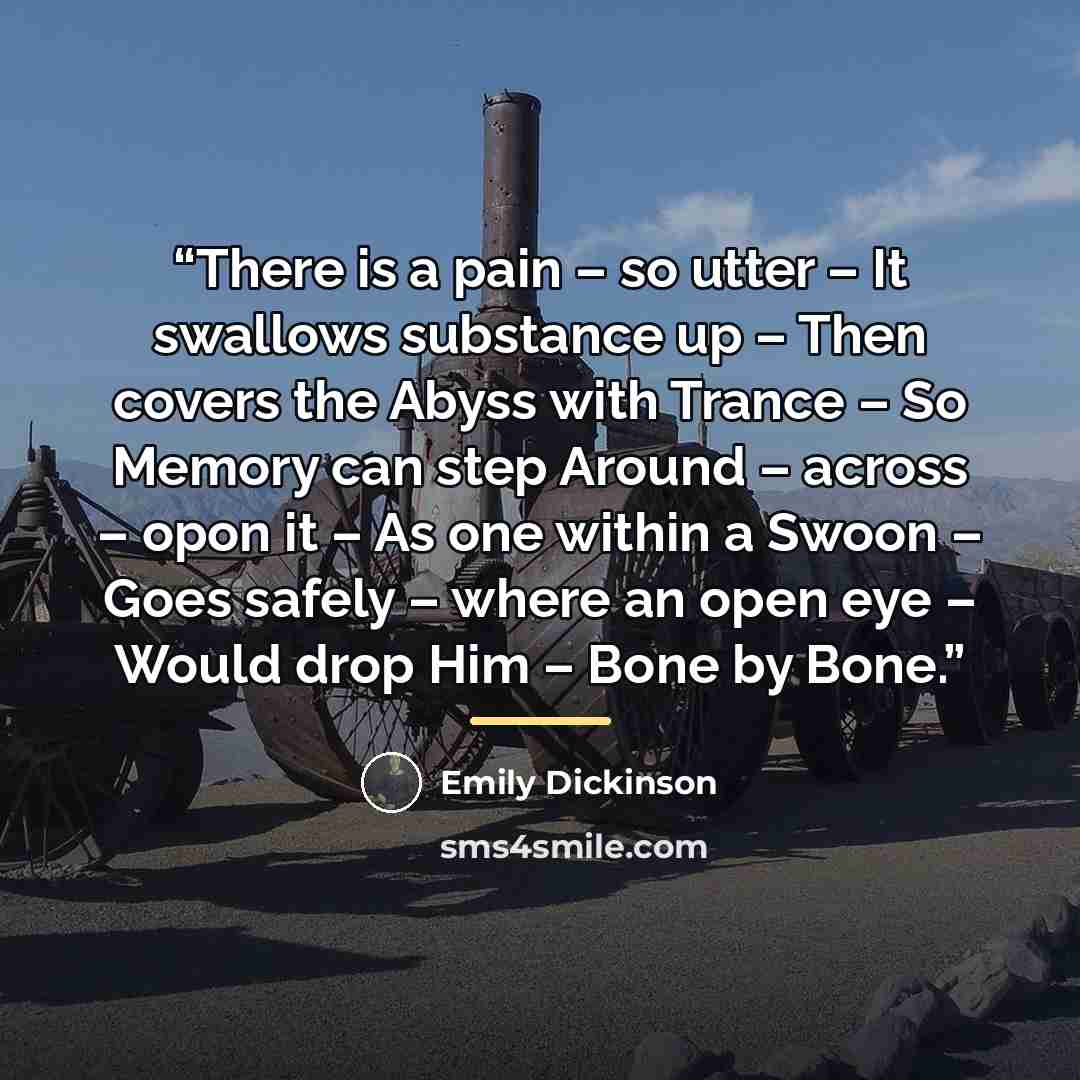 “There is a pain – so utter – It swallows substance up – Then covers the Abyss with Trance – So Memory can step Around – across – opon it – As one within a Swoon – Goes safely – where an open eye – Would drop Him – Bone by Bone.” quote by Emily Dickinson