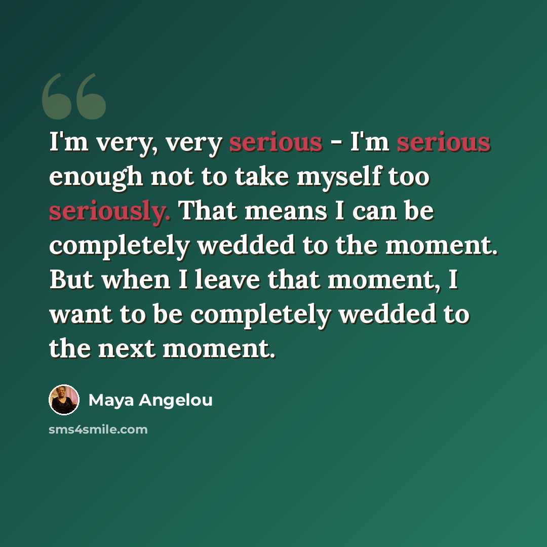 “I'm very, very serious - I'm serious enough not to take myself too seriously. That means I can be completely wedded to the moment. But when I leave that moment, I want to be completely wedded to the next moment.” quote by Maya Angelou