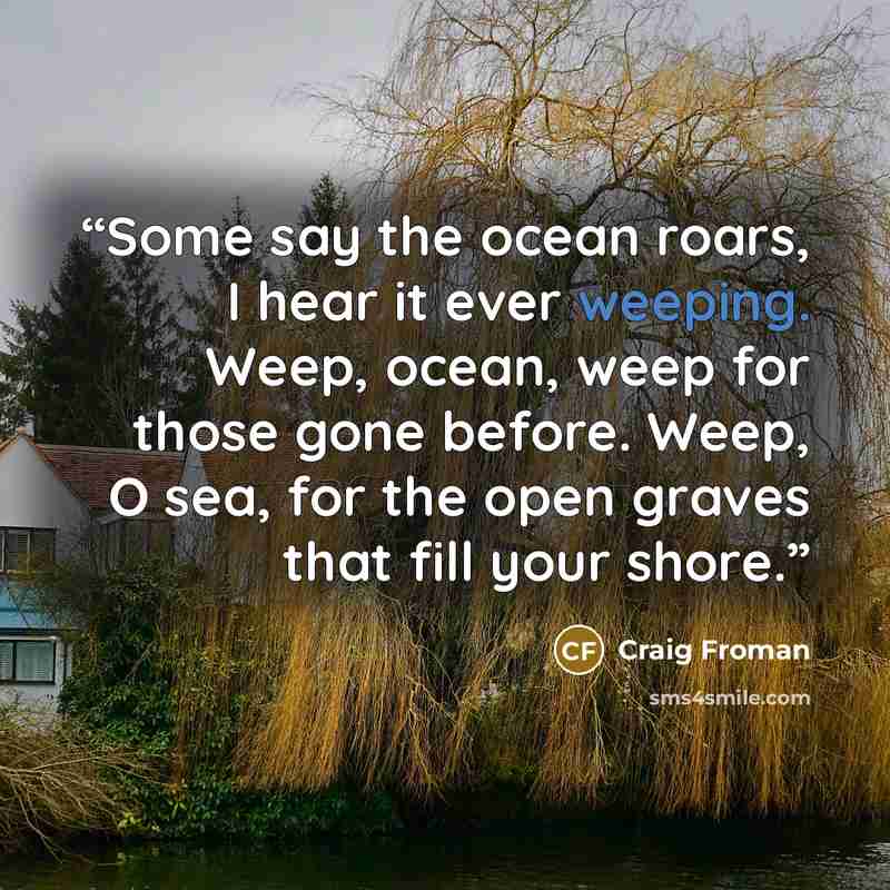 “Some say the ocean roars, I hear it ever weeping. Weep, ocean, weep for those gone before. Weep, O sea, for the open graves that fill your shore.” quote by Craig Froman