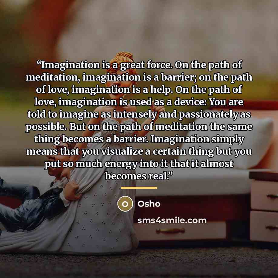 “Imagination is a great force. On the path of meditation, imagination is a barrier; on the path of love, imagination is a help. On the path of love, imagination is used as a device: You are told to imagine as intensely and passionately as possible. But on the path of meditation the same thing…” quote by Osho
