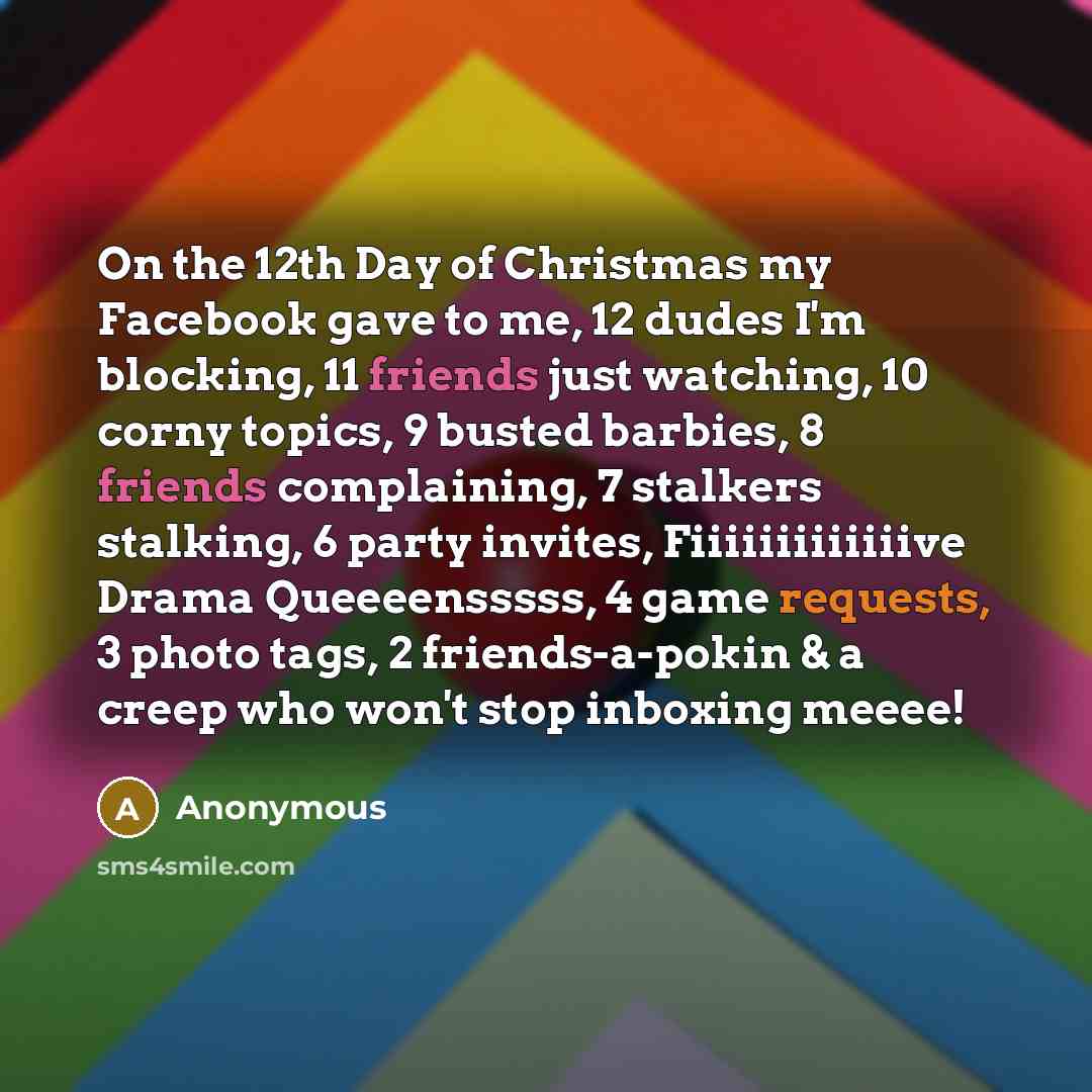 “On the 12th Day of Christmas my Facebook gave to me, 12 dudes I'm blocking, 11 friends just watching, 10 corny topics, 9 busted barbies, 8 friends complaining, 7 stalkers stalking, 6 party invites, Fiiiiiiiiiiiiive Drama Queeeensssss, 4 game requests, 3 photo tags, 2 friends-a-pokin & a creep who…” quote by Anonymous