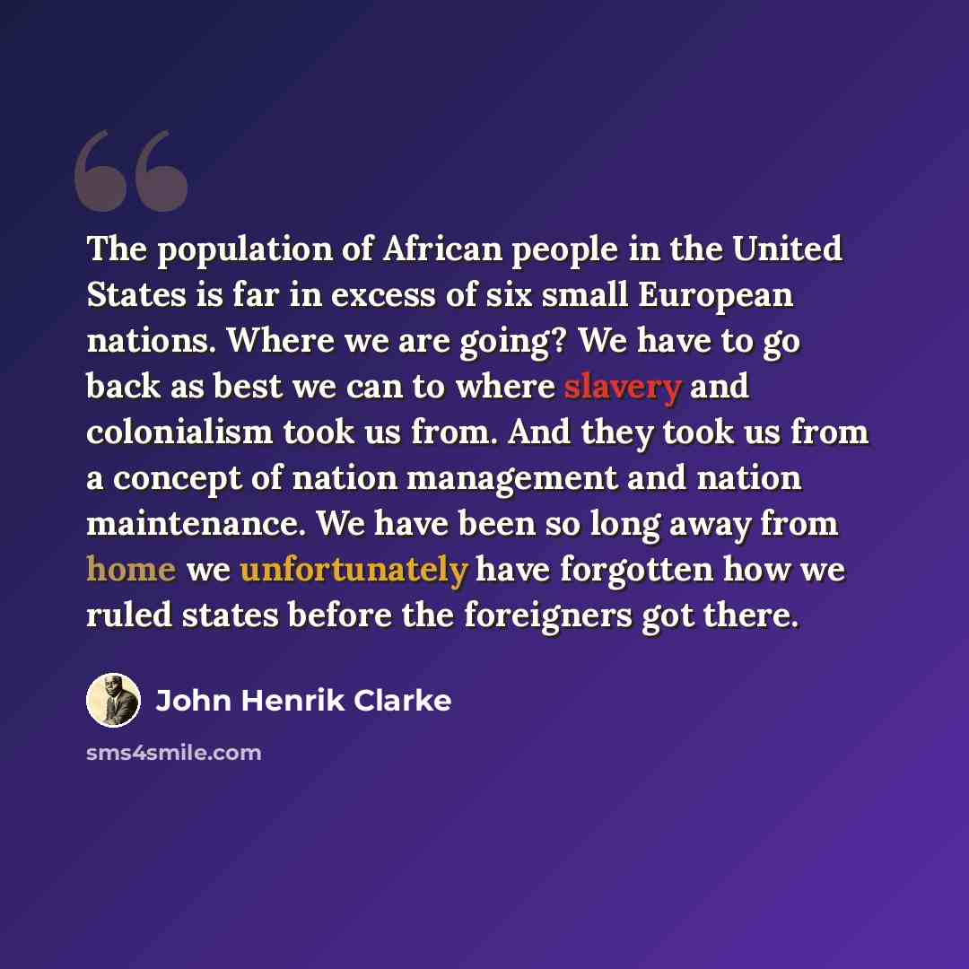 “The population of African people in the United States is far in excess of six small European nations. Where we are going? We have to go back as best we can to where slavery and colonialism took us from. And they took us from a concept of nation management and nation maintenance. We have been so…” quote by John Henrik Clarke