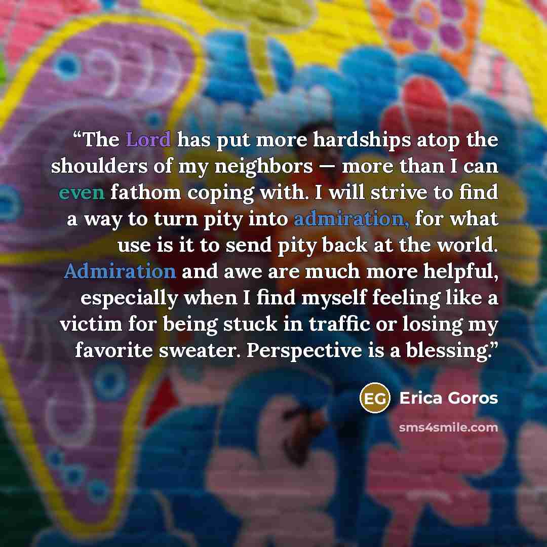 “The Lord has put more hardships atop the shoulders of my neighbors — more than I can even fathom coping with. I will strive to find a way to turn pity into admiration, for what use is it to send pity back at the world. Admiration and awe are much more helpful, especially when I find myself feeling…” quote by Erica Goros