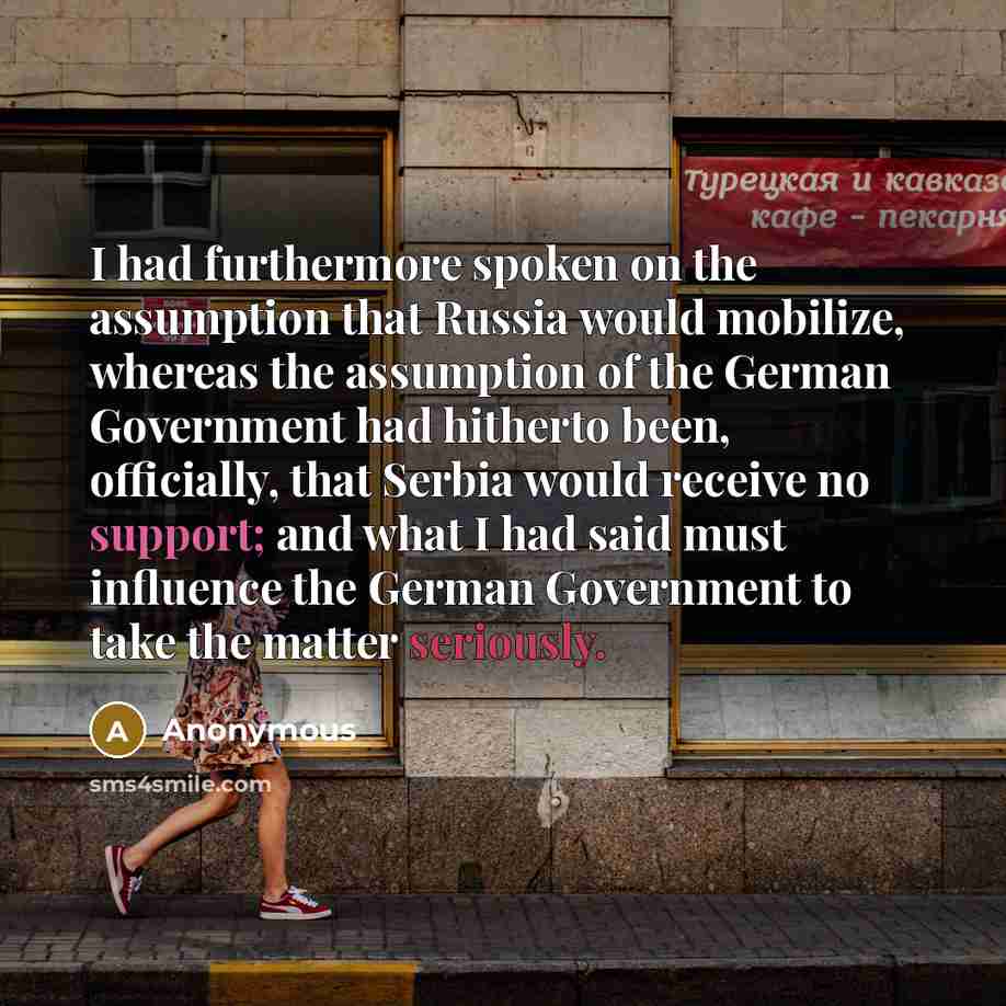 “I had furthermore spoken on the assumption that Russia would mobilize, whereas the assumption of the German Government had hitherto been, officially, that Serbia would receive no support; and what I had said must influence the German Government to take the matter seriously.” quote by Anonymous