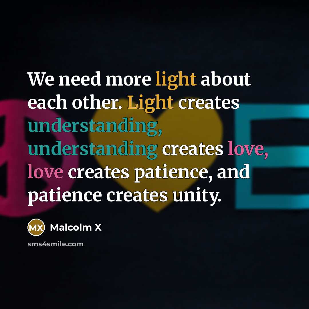 “We need more light about each other. Light creates understanding, understanding creates love, love creates patience, and patience creates unity.” quote by Malcolm X