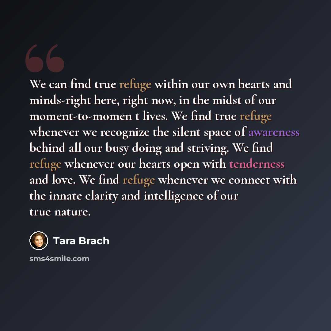 “We can find true refuge within our own hearts and minds-right here, right now, in the midst of our moment-to-momen t lives. We find true refuge whenever we recognize the silent space of awareness behind all our busy doing and striving. We find refuge whenever our hearts open with tenderness and…” quote by Tara Brach