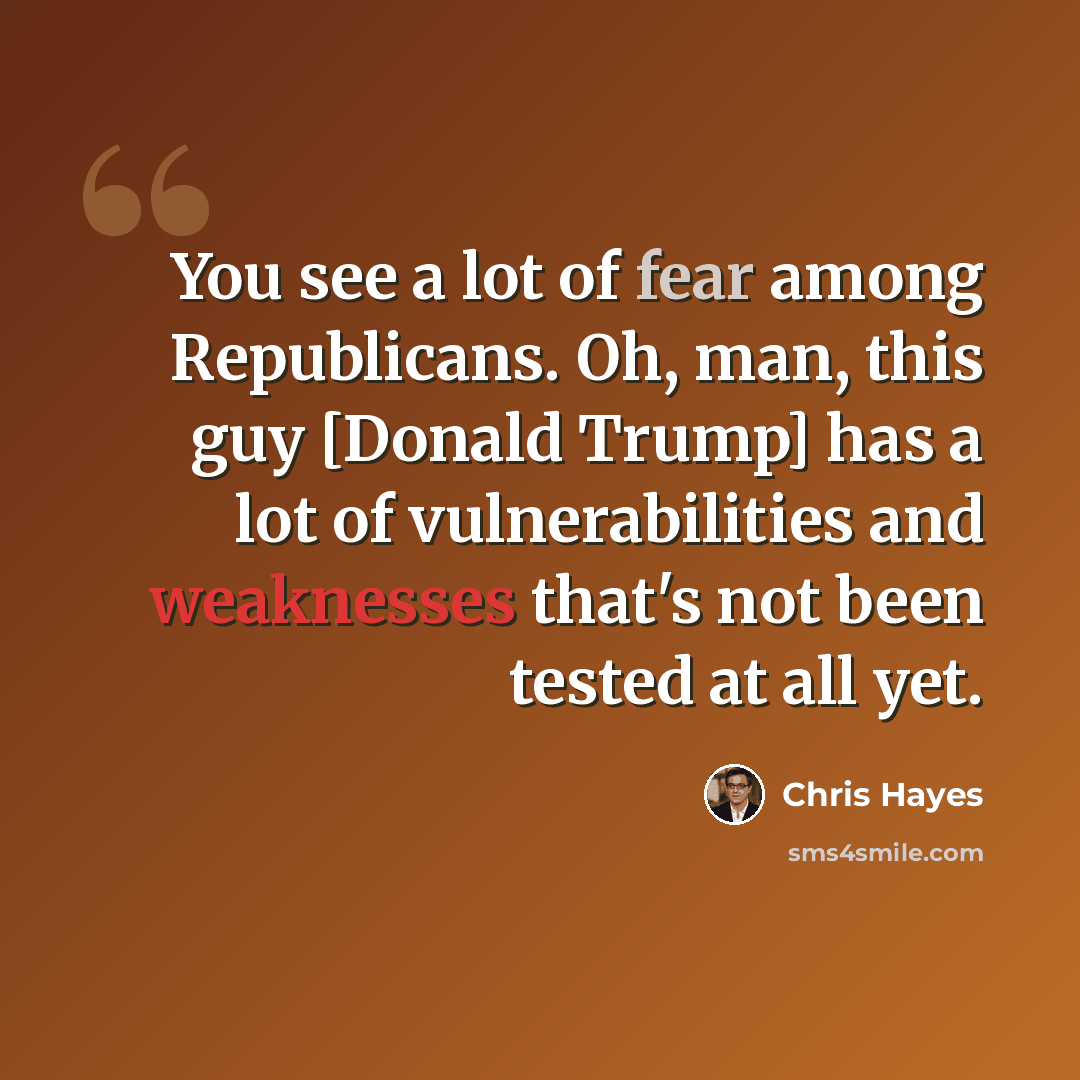 “You see a lot of fear among Republicans. Oh, man, this guy [Donald Trump] has a lot of vulnerabilities and weaknesses that's not been tested at all yet.” quote by Chris Hayes