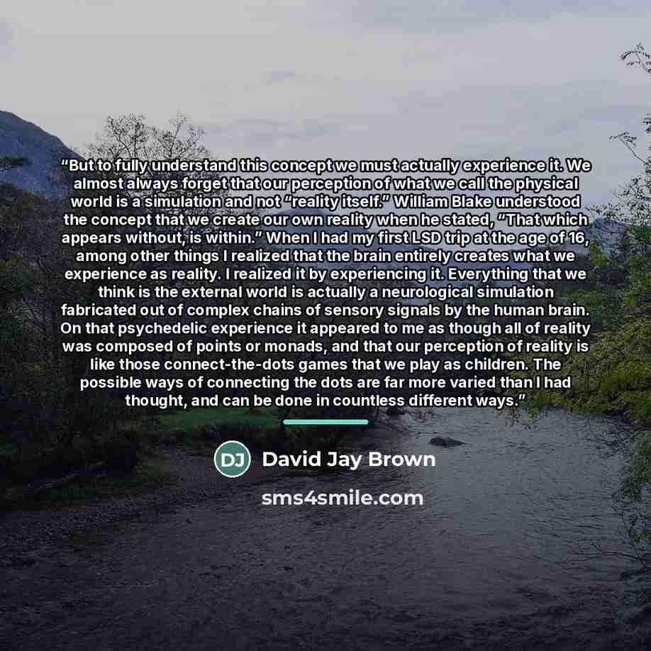 “But to fully understand this concept we must actually experience it. We almost always forget that our perception of what we call the physical world is a simulation and not “reality itself.” William Blake understood the concept that we create our own reality when he stated, “That which appears…” quote by David Jay Brown