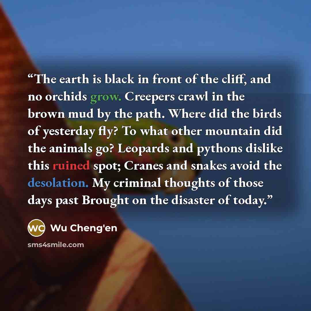 “The earth is black in front of the cliff, and no orchids grow. Creepers crawl in the brown mud by the path. Where did the birds of yesterday fly? To what other mountain did the animals go? Leopards and pythons dislike this ruined spot; Cranes and snakes avoid the desolation. My criminal thoughts…” quote by Wu Cheng'en