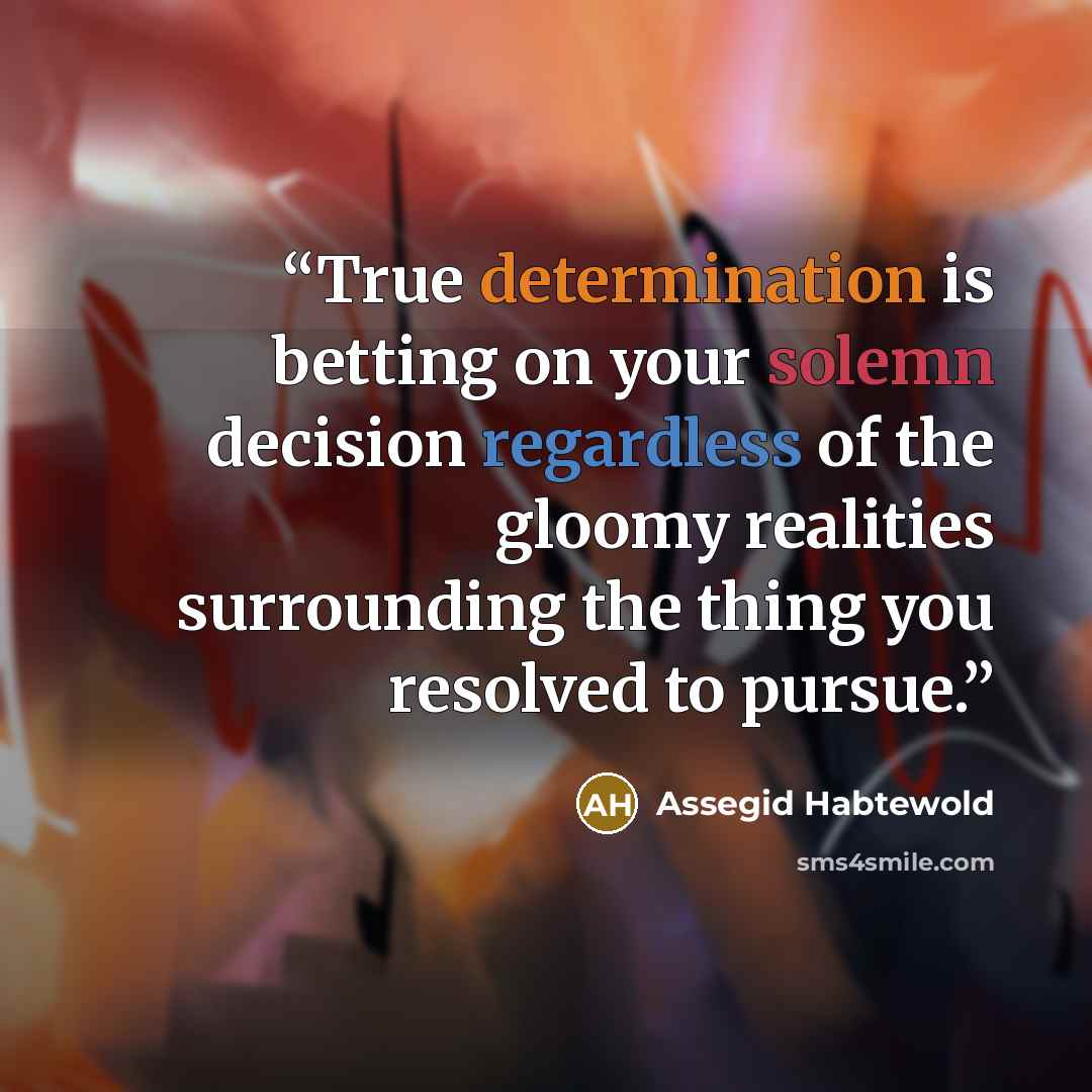 “True determination is betting on your solemn decision regardless of the gloomy realities surrounding the thing you resolved to pursue.” quote by Assegid Habtewold