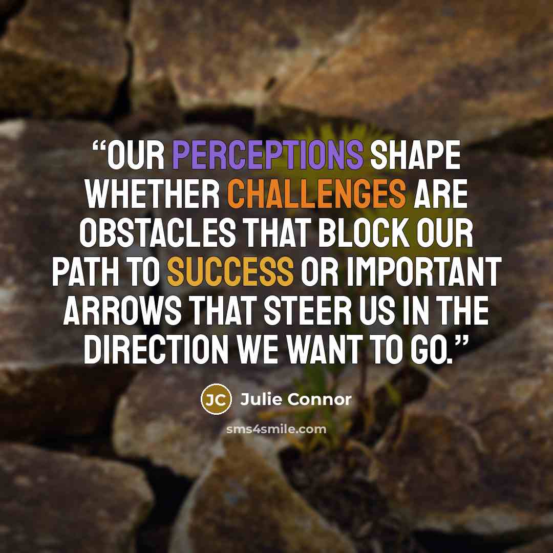 “Our perceptions shape whether challenges are obstacles that block our path to success or important arrows that steer us in the direction we want to go.” quote by Julie Connor