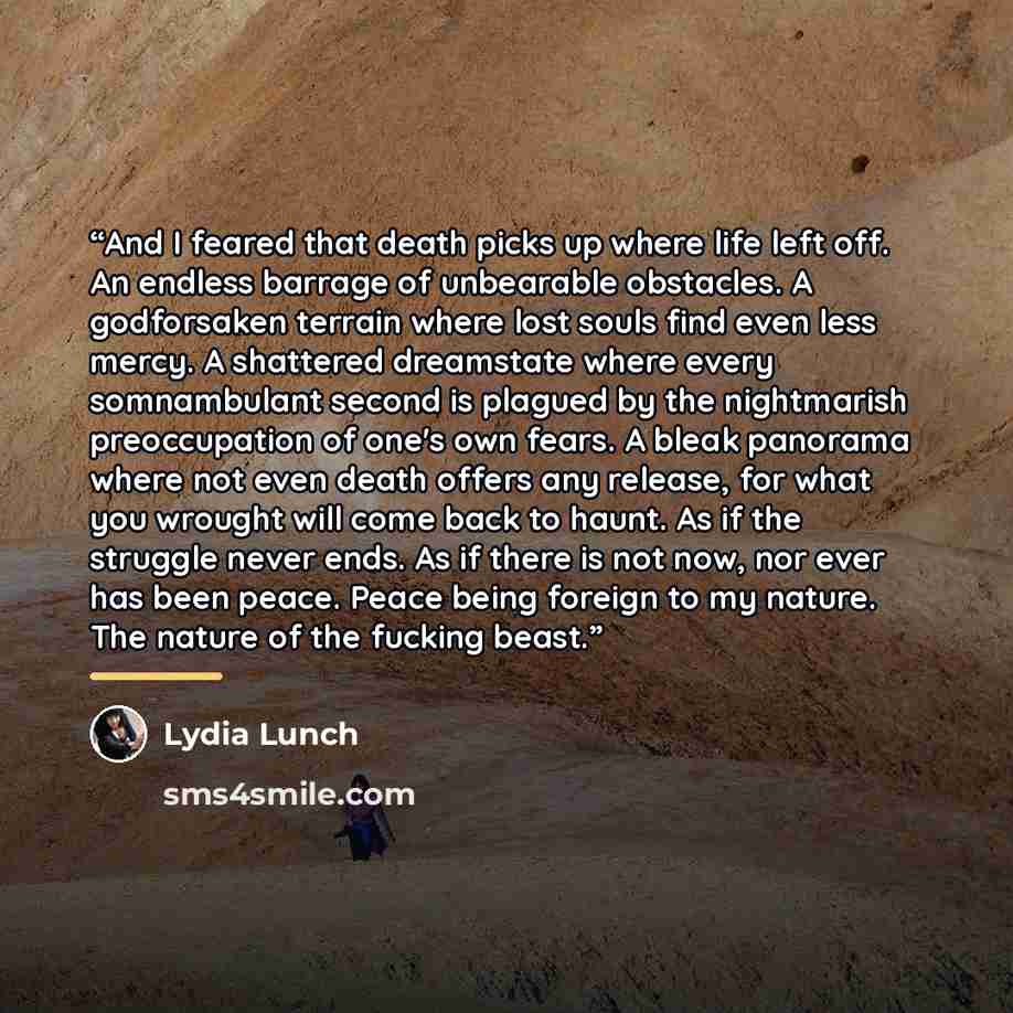 “And I feared that death picks up where life left off. An endless barrage of unbearable obstacles. A godforsaken terrain where lost souls find even less mercy. A shattered dreamstate where every somnambulant second is plagued by the nightmarish preoccupation of one's own fears. A bleak panorama…” quote by Lydia Lunch