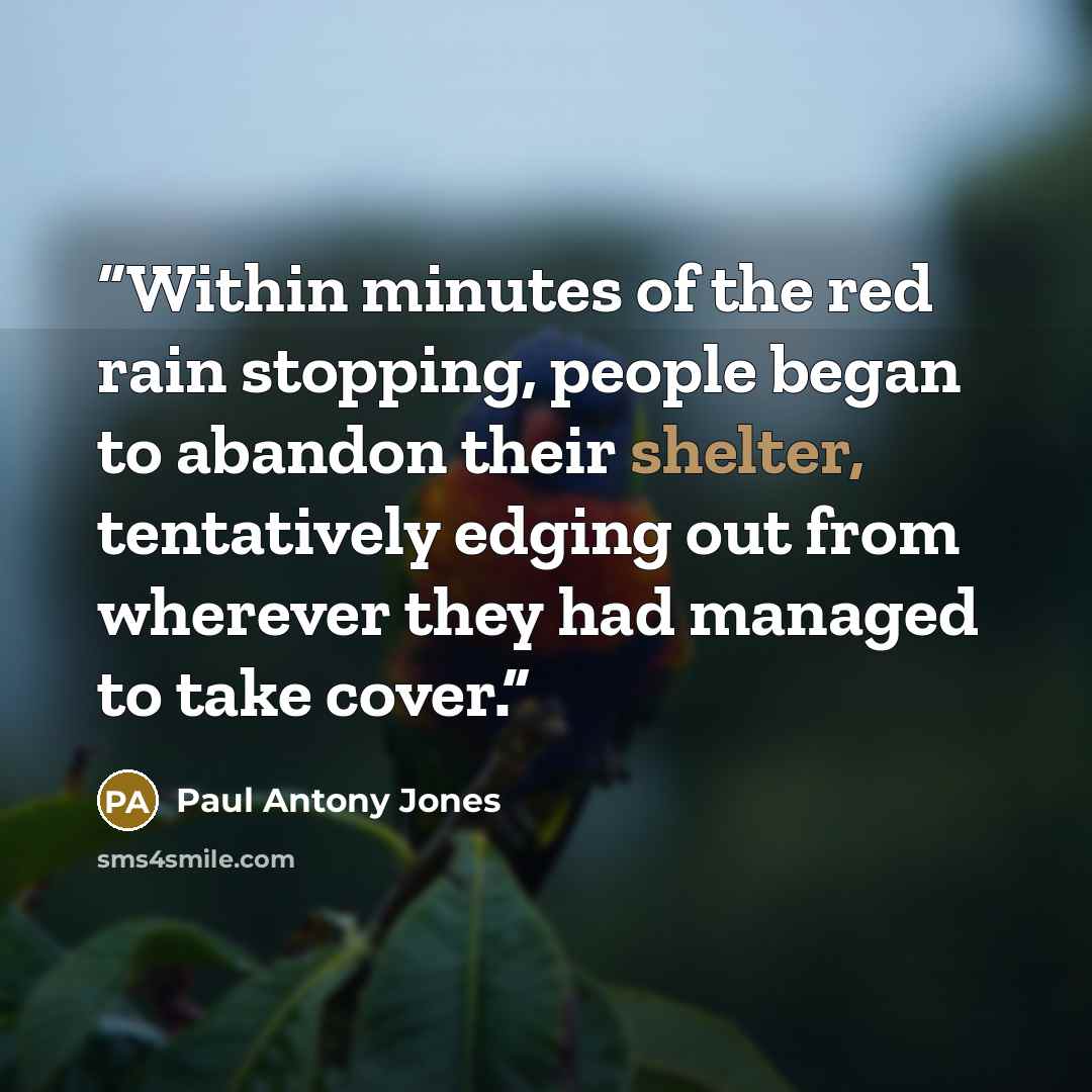 “Within minutes of the red rain stopping, people began to abandon their shelter, tentatively edging out from wherever they had managed to take cover.” quote by Paul Antony Jones