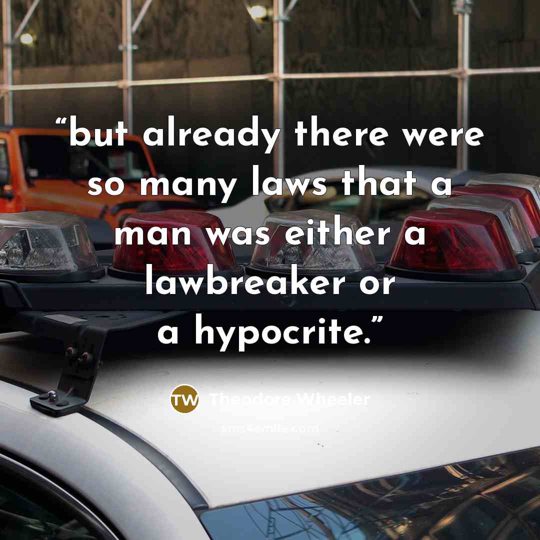 “but already there were so many laws that a man was either a lawbreaker or a hypocrite.” quote by Theodore Wheeler