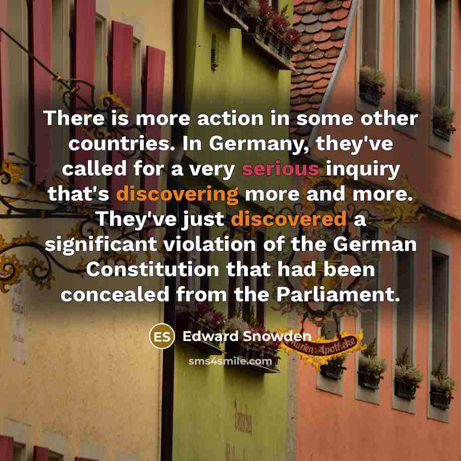 “There is more action in some other countries. In Germany, they've called for a very serious inquiry that's discovering more and more. They've just discovered a significant violation of the German Constitution that had been concealed from the Parliament.” quote by Edward Snowden