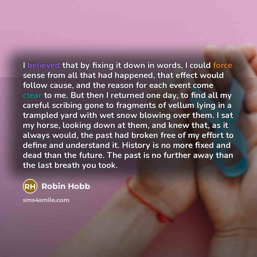 “I believed that by fixing it down in words, I could force sense from all that had happened, that effect would follow cause, and the reason for each event come clear to me. But then I returned one day, to find all my careful scribing gone to fragments of vellum lying in a trampled yard with wet…” quote by Robin Hobb