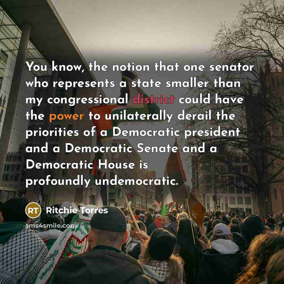 “You know, the notion that one senator who represents a state smaller than my congressional district could have the power to unilaterally derail the priorities of a Democratic president and a Democratic Senate and a Democratic House is profoundly undemocratic.” quote by Ritchie Torres