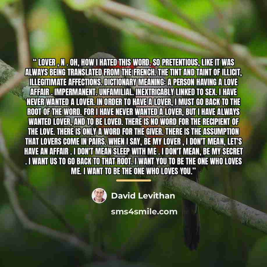 “lover , n . Oh, how I hated this word. So pretentious, like it was always being translated from the French. The tint and taint of illicit, illegitimate affections. Dictionary meaning: a person having a love affair . Impermanent. Unfamilial. Inextricably linked to sex. I have never wanted a lover…” quote by David Levithan
