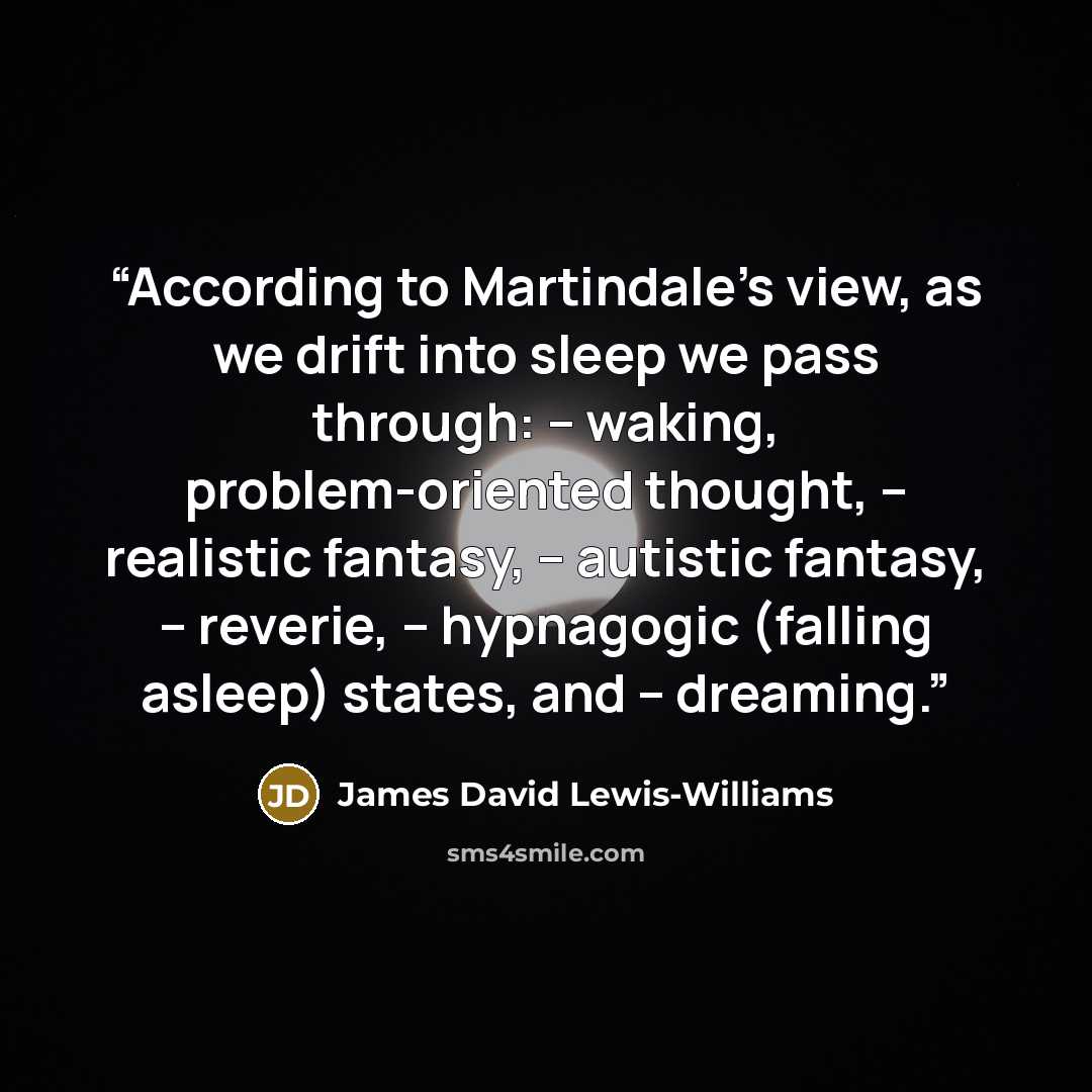 “According to Martindale’s view, as we drift into sleep we pass through: – waking, problem-oriented thought, – realistic fantasy, – autistic fantasy, – reverie, – hypnagogic (falling asleep) states, and – dreaming.” quote by James David Lewis-Williams