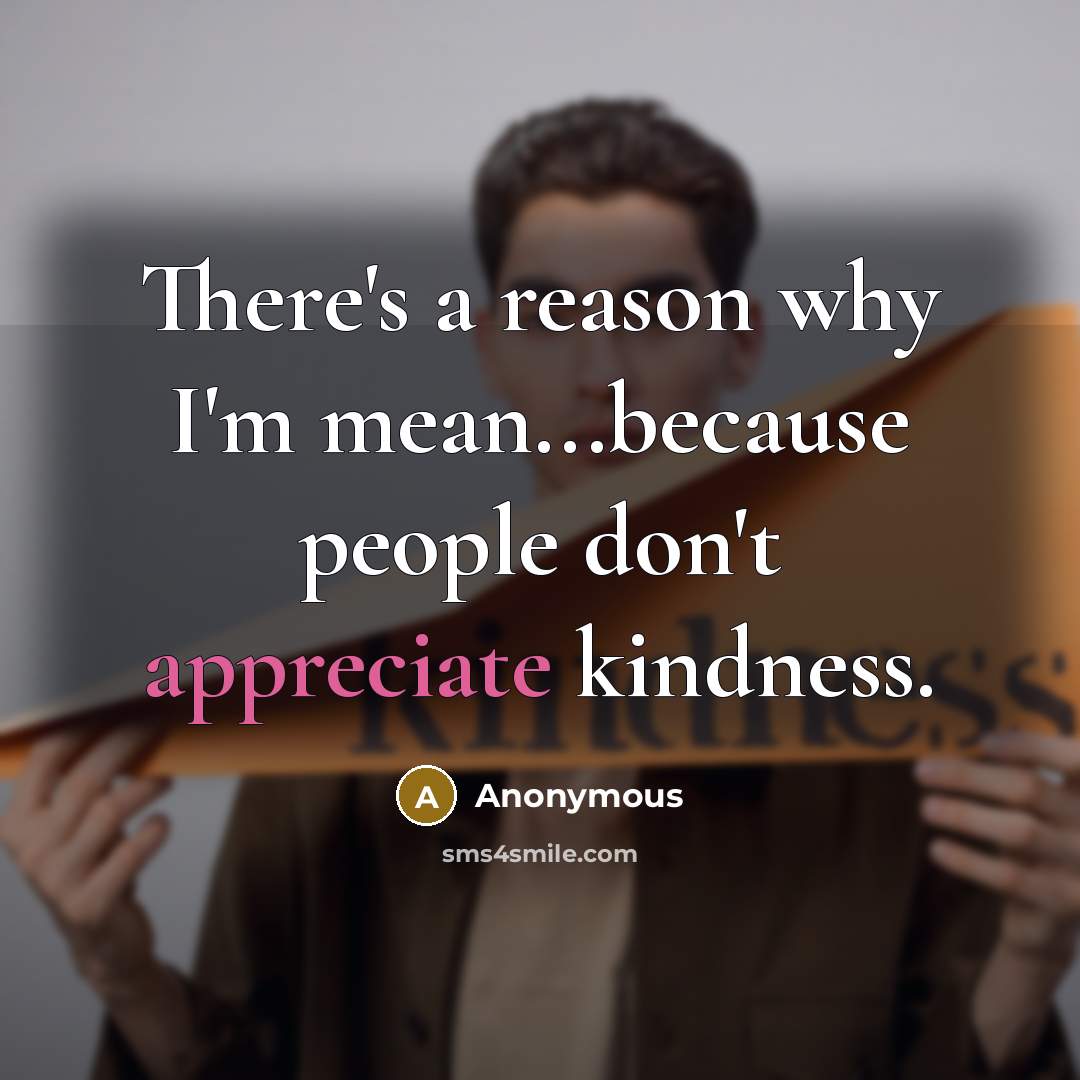 “There's a reason why I'm mean...because people don't appreciate kindness.” quote by Anonymous