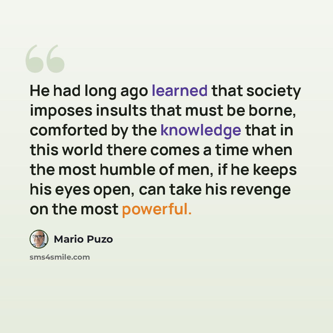 “He had long ago learned that society imposes insults that must be borne, comforted by the knowledge that in this world there comes a time when the most humble of men, if he keeps his eyes open, can take his revenge on the most powerful.” quote by Mario Puzo