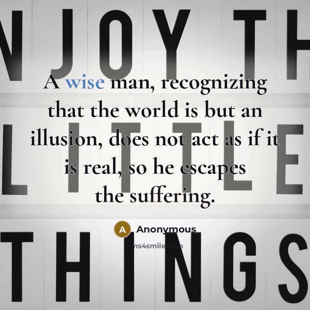 “A wise man, recognizing that the world is but an illusion, does not act as if it is real, so he escapes the suffering.” quote by Anonymous