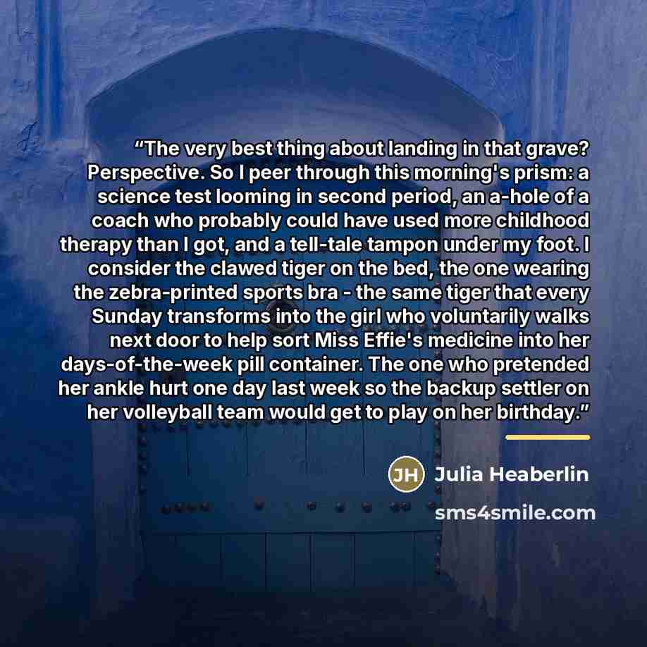 “The very best thing about landing in that grave? Perspective. So I peer through this morning's prism: a science test looming in second period, an a-hole of a coach who probably could have used more childhood therapy than I got, and a tell-tale tampon under my foot. I consider the clawed tiger on…” quote by Julia Heaberlin
