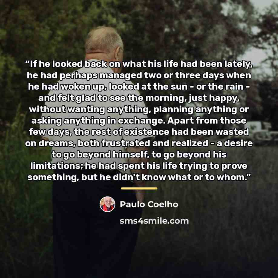 “If he looked back on what his life had been lately, he had perhaps managed two or three days when he had woken up, looked at the sun - or the rain - and felt glad to see the morning, just happy, without wanting anything, planning anything or asking anything in exchange. Apart from those few days…” quote by Paulo Coelho