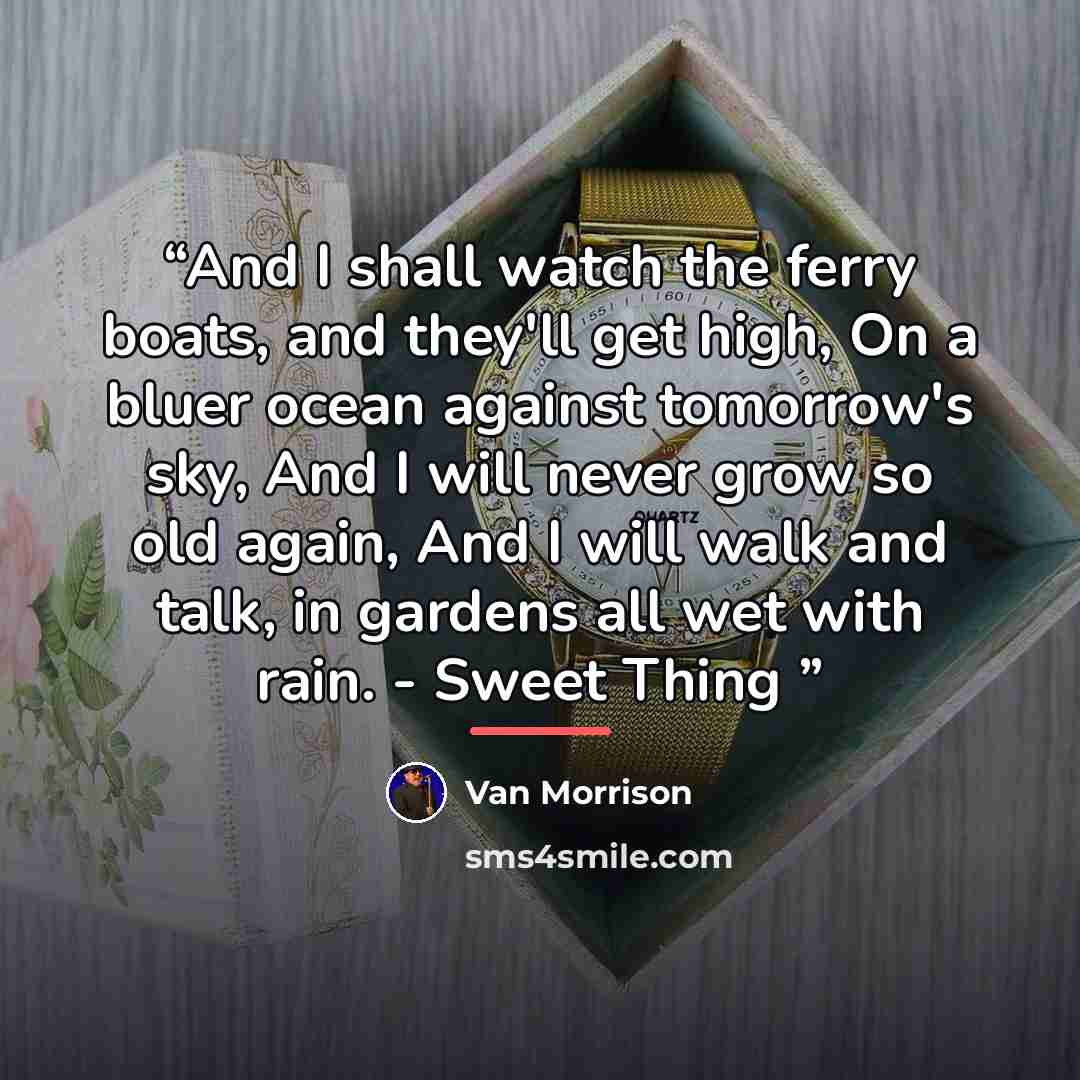 “And I shall watch the ferry boats, and they'll get high, On a bluer ocean against tomorrow's sky, And I will never grow so old again, And I will walk and talk, in gardens all wet with rain. - Sweet Thing” quote by Van Morrison