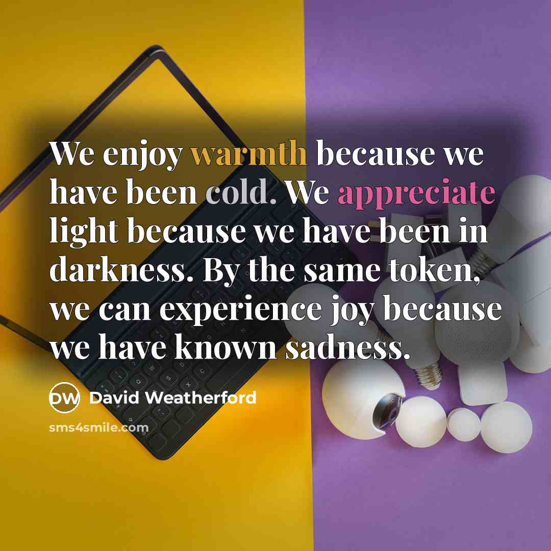 “We enjoy warmth because we have been cold. We appreciate light because we have been in darkness. By the same token, we can experience joy because we have known sadness.” quote by David Weatherford
