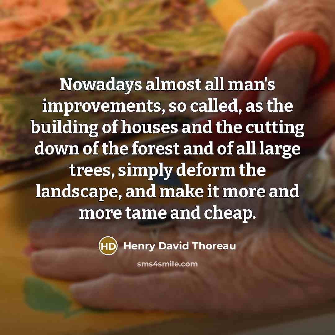 “Nowadays almost all man's improvements, so called, as the building of houses and the cutting down of the forest and of all large trees, simply deform the landscape, and make it more and more tame and cheap.” quote by Henry David Thoreau