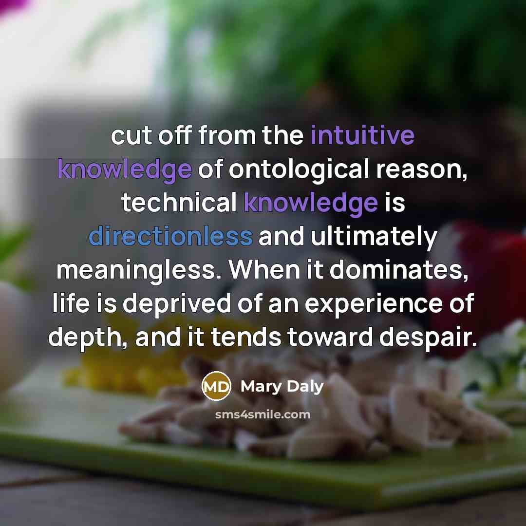 “cut off from the intuitive knowledge of ontological reason, technical knowledge is directionless and ultimately meaningless. When it dominates, life is deprived of an experience of depth, and it tends toward despair.” quote by Mary Daly