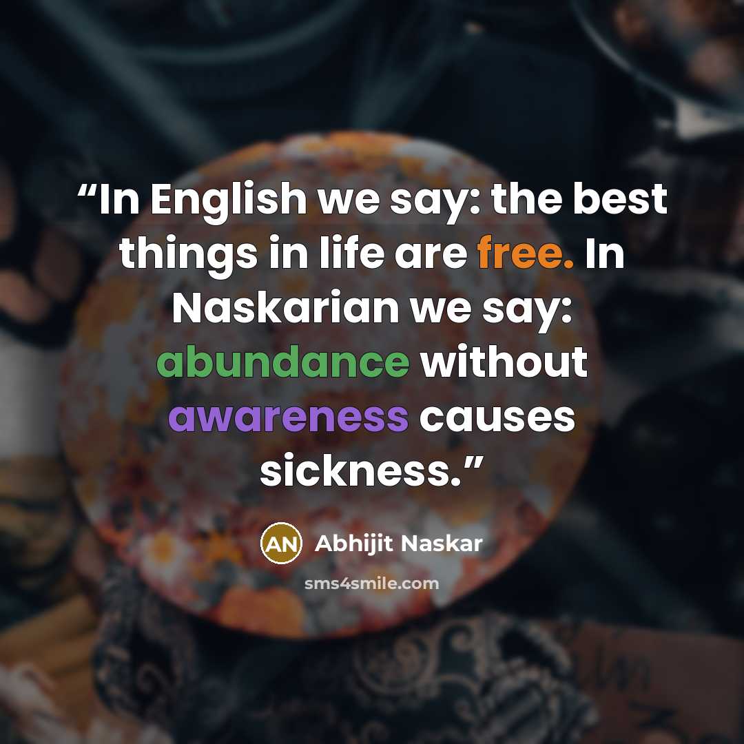 “In English we say: the best things in life are free. In Naskarian we say: abundance without awareness causes sickness.” quote by Abhijit Naskar