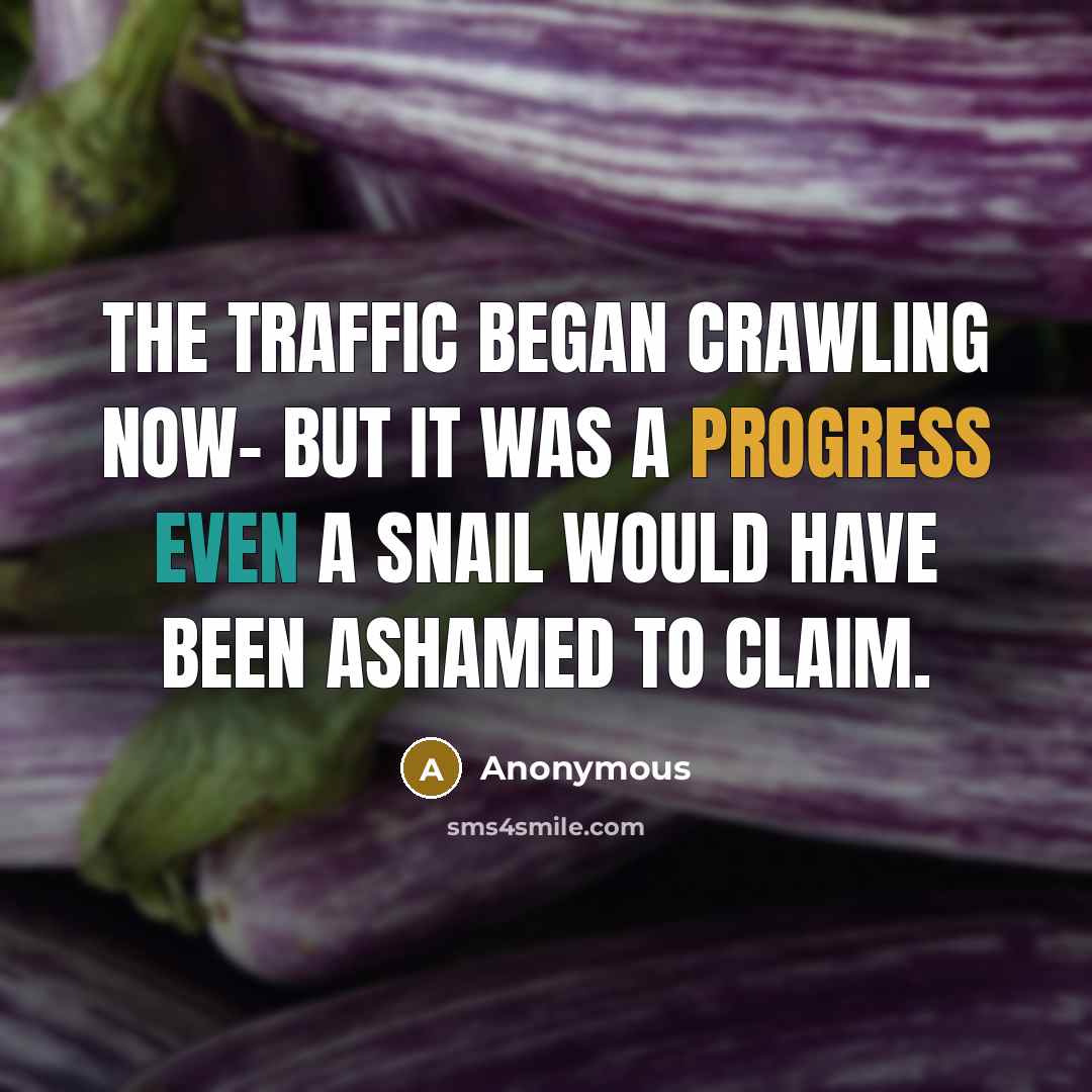 “The traffic began crawling now- but it was a progress even a snail would have been ashamed to claim.” quote by Anonymous