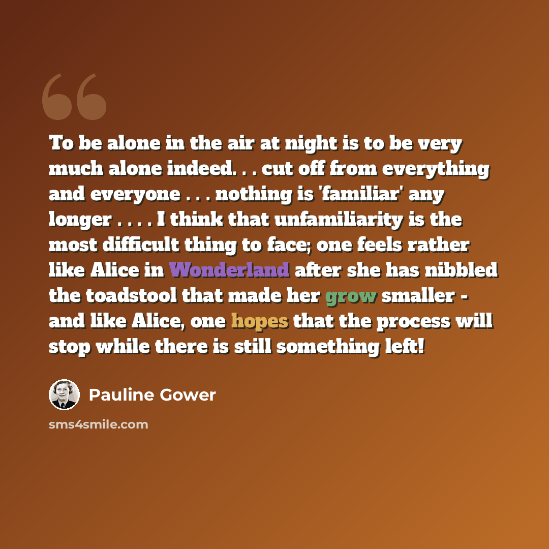 “To be alone in the air at night is to be very much alone indeed. . . cut off from everything and everyone . . . nothing is 'familiar' any longer . . . . I think that unfamiliarity is the most difficult thing to face; one feels rather like Alice in Wonderland after she has nibbled the toadstool…” quote by Pauline Gower