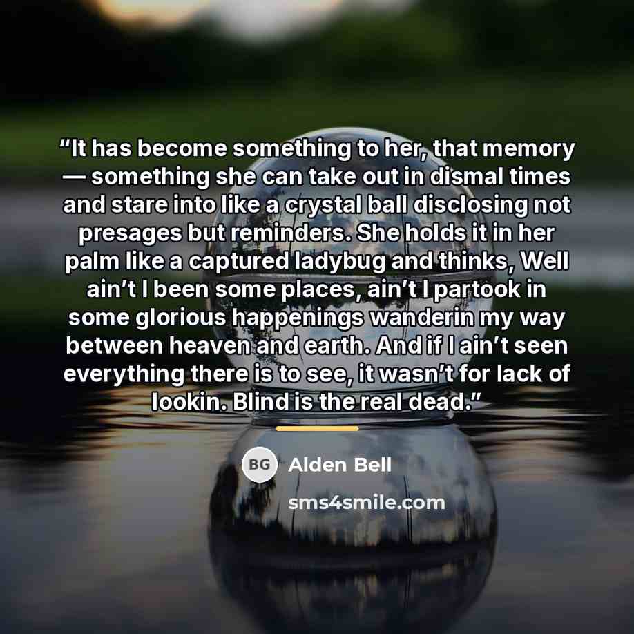 “It has become something to her, that memory — something she can take out in dismal times and stare into like a crystal ball disclosing not presages but reminders. She holds it in her palm like a captured ladybug and thinks, Well ain’t I been some places, ain’t I partook in some glorious happenings…” quote by Alden Bell