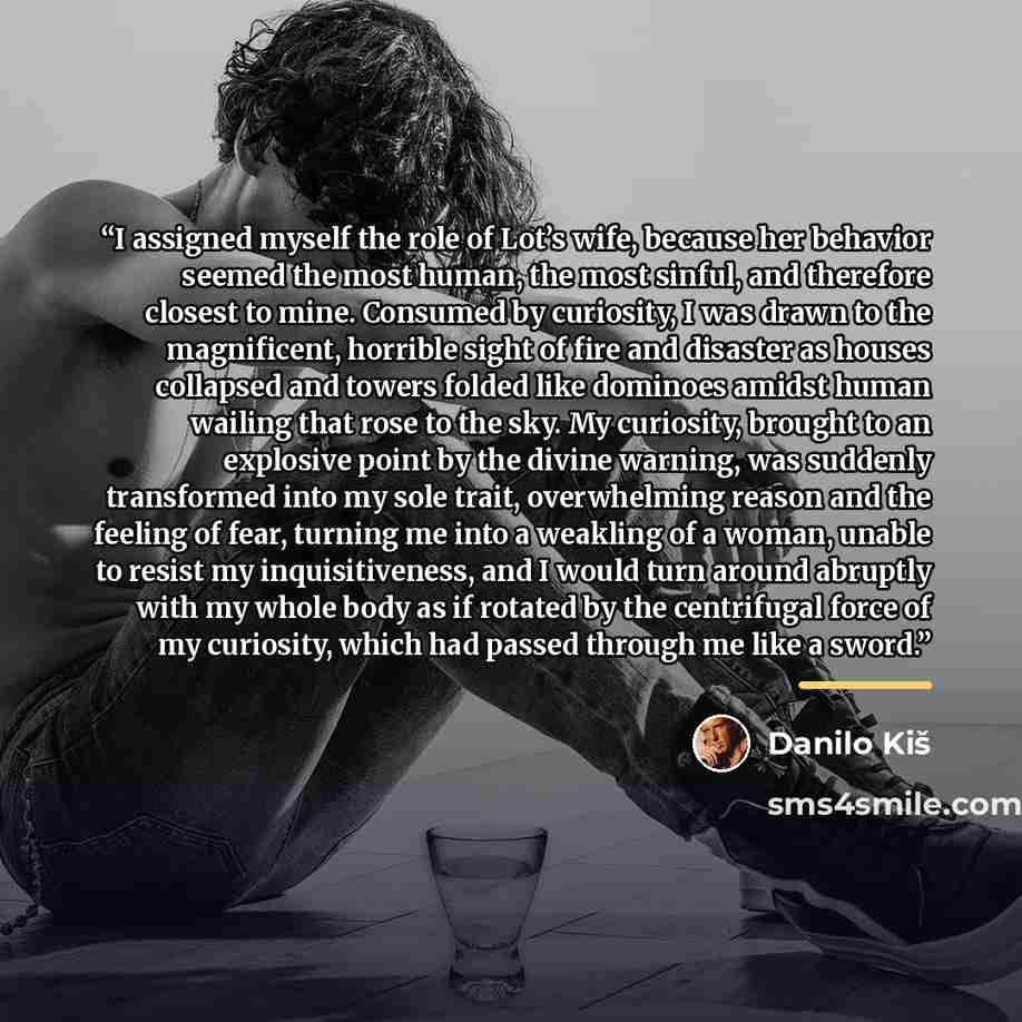 “I assigned myself the role of Lot’s wife, because her behavior seemed the most human, the most sinful, and therefore closest to mine. Consumed by curiosity, I was drawn to the magnificent, horrible sight of fire and disaster as houses collapsed and towers folded like dominoes amidst human wailing…” quote by Danilo Kiš