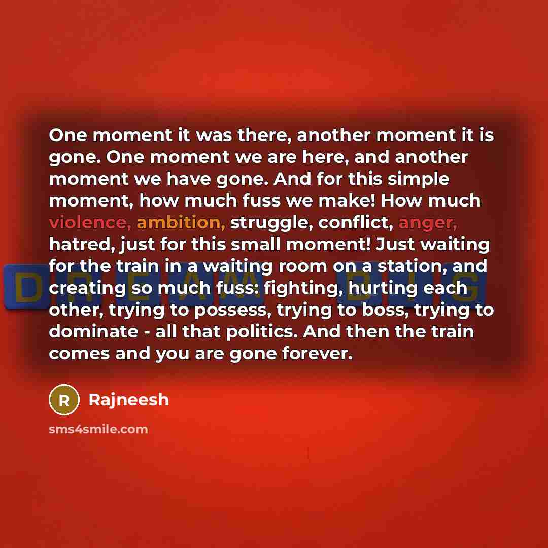 “One moment it was there, another moment it is gone. One moment we are here, and another moment we have gone. And for this simple moment, how much fuss we make! How much violence, ambition, struggle, conflict, anger, hatred, just for this small moment! Just waiting for the train in a waiting room…” quote by Rajneesh