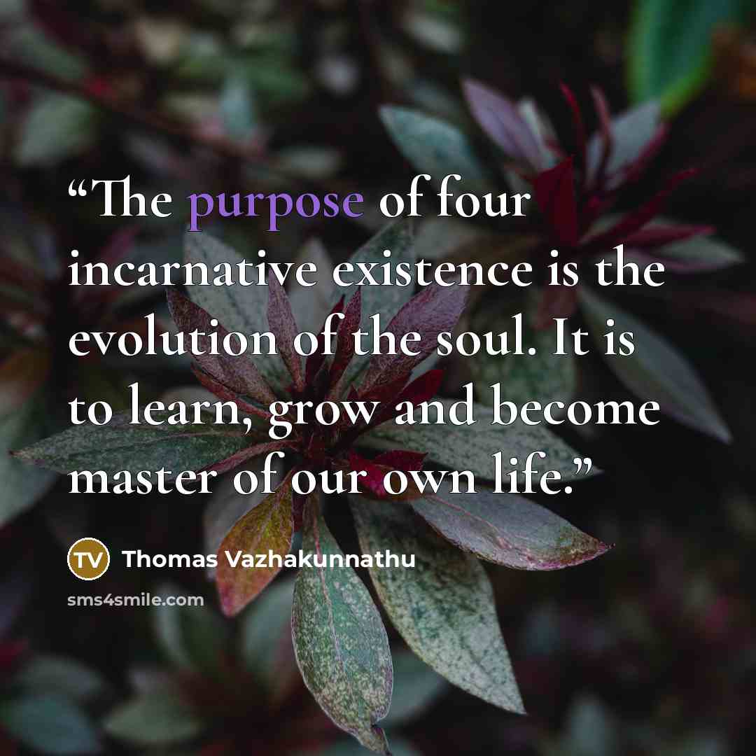 “The purpose of four incarnative existence is the evolution of the soul. It is to learn, grow and become master of our own life.” quote by Thomas Vazhakunnathu