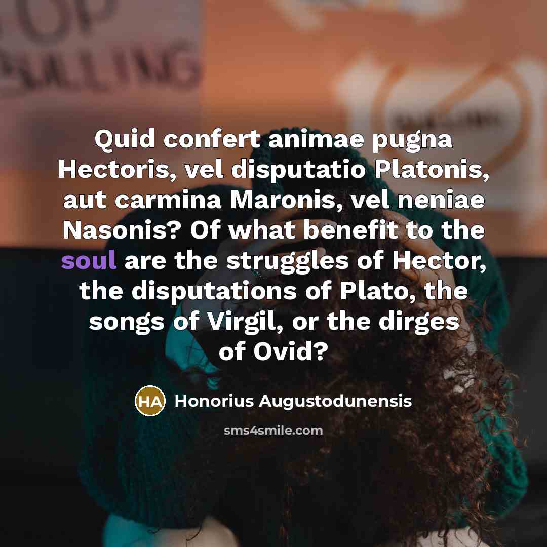 “Quid confert animae pugna Hectoris, vel disputatio Platonis, aut carmina Maronis, vel neniae Nasonis? Of what benefit to the soul are the struggles of Hector, the disputations of Plato, the songs of Virgil, or the dirges of Ovid?” quote by Honorius Augustodunensis