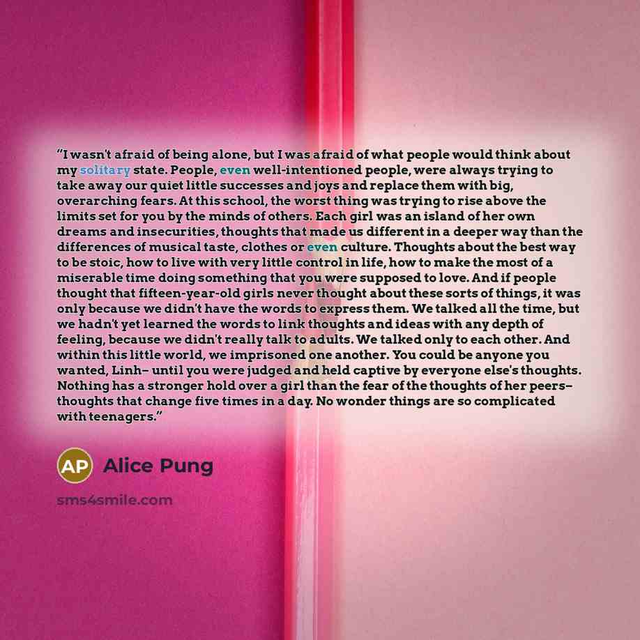 “I wasn't afraid of being alone, but I was afraid of what people would think about my solitary state. People, even well-intentioned people, were always trying to take away our quiet little successes and joys and replace them with big, overarching fears. At this school, the worst thing was trying to…” quote by Alice Pung