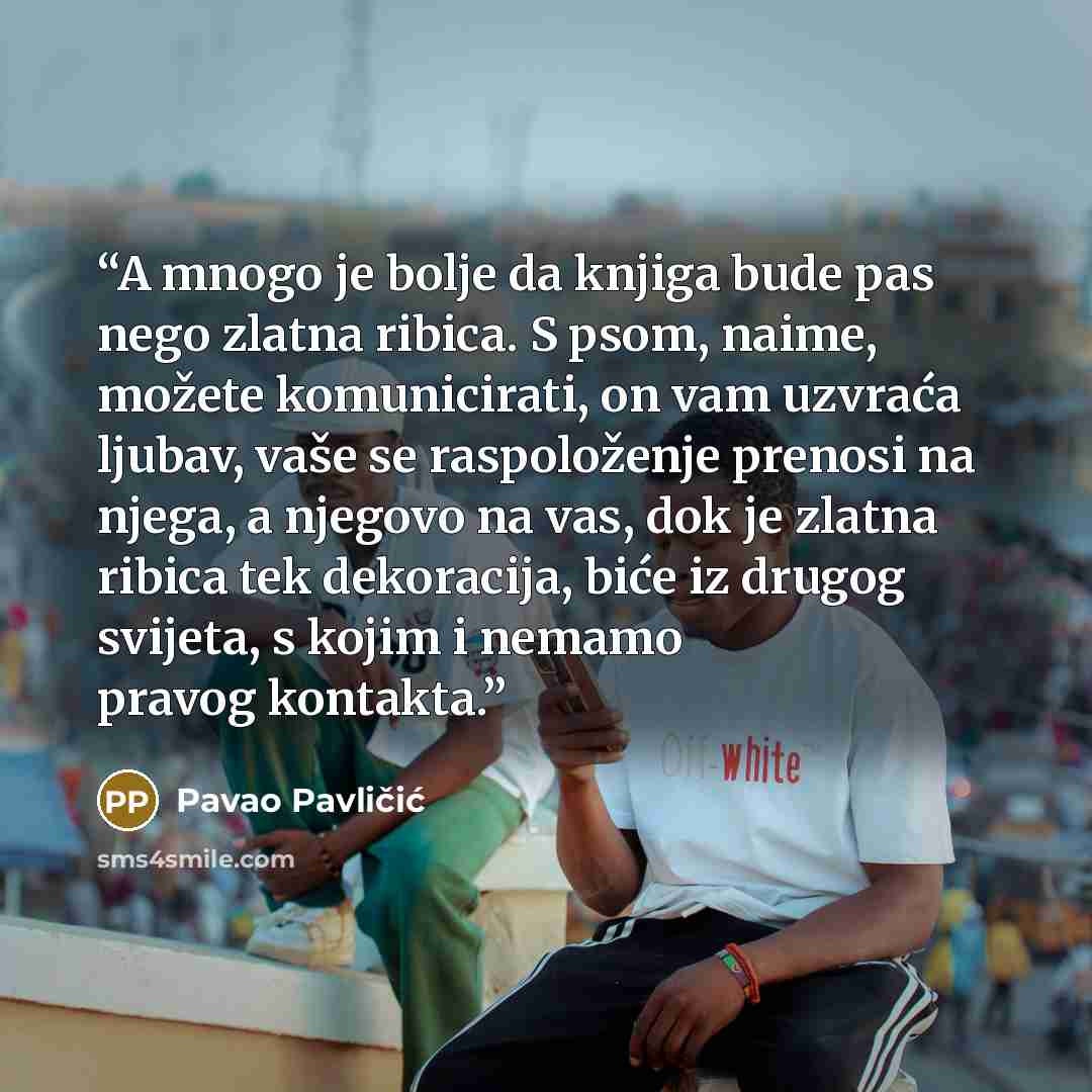 “A mnogo je bolje da knjiga bude pas nego zlatna ribica. S psom, naime, možete komunicirati, on vam uzvraća ljubav, vaše se raspoloženje prenosi na njega, a njegovo na vas, dok je zlatna ribica tek dekoracija, biće iz drugog svijeta, s kojim i nemamo pravog kontakta.” quote by Pavao Pavličić