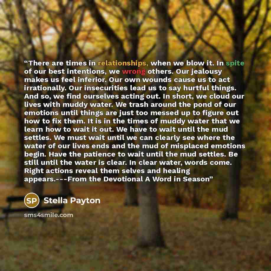 “There are times in relationships, when we blow it. In spite of our best intentions, we wrong others. Our jealousy makes us feel inferior. Our own wounds cause us to act irrationally. Our insecurities lead us to say hurtful things. And so, we find ourselves acting out. In short, we cloud our lives…” quote by Stella Payton