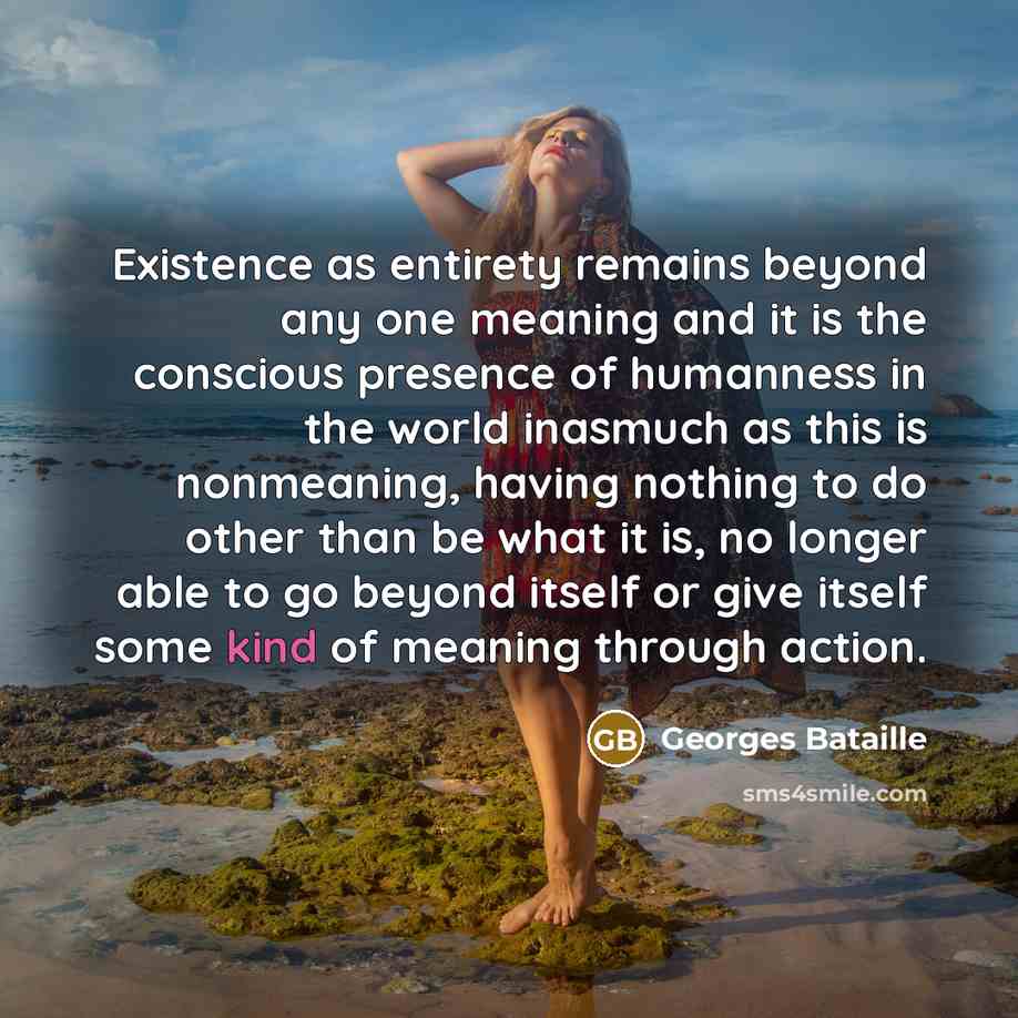 “Existence as entirety remains beyond any one meaning and it is the conscious presence of humanness in the world inasmuch as this is nonmeaning, having nothing to do other than be what it is, no longer able to go beyond itself or give itself some kind of meaning through action.” quote by Georges Bataille
